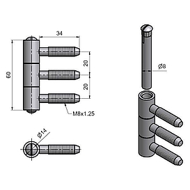   ZÁVĚS dveřní tři dílný 14x60 M8 bílý zinek *