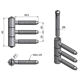   ZÁVĚS dveřní tři dílný 14x60 M8/50 žlutý zinek *